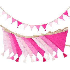 G2PLUS Fabric Bunting with Tassels, Fabric Bunting for Children's Room, Pink, 2.8 m Fabric Garland with 12 Bunting, Muslin Bunting, Double-Sided for Children's Room, Birthday, Party