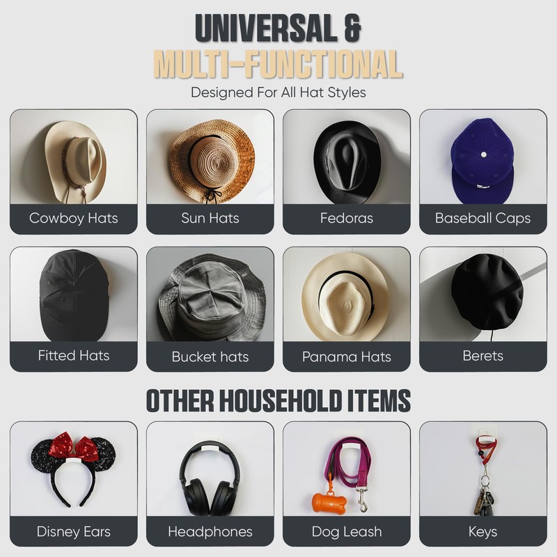 Modern JP Adhesive Hat Hooks for Wall (12-Pack) - Cowboy