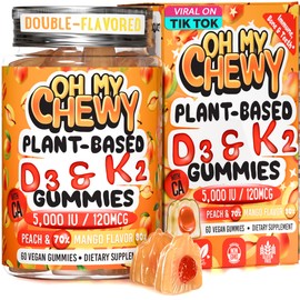 OH MY CHEWY Vitamin D3 K2 and Calcium Gummies- Vitamin D Gummies 5000 IU, K2 (MK-7) 120 mcg & CA 120mg - Teeth, Bone & Immune Support Gummy for Kids and Adults - 60 Chews - Peach & Mango