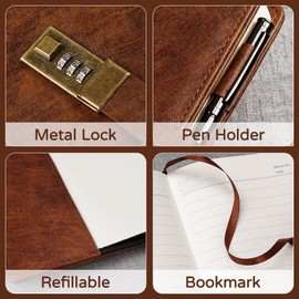 WEMATE Diary with Lock, A5 Journal with Lock 240 Pages, Lock Journal with Pen & Gift Box, Lock Diary for Men and Women, 8.6x5.8in Brown