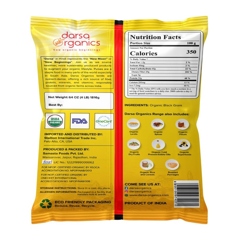 Darsa Organics Sabut Urad Dal 2 lb – USDA Organic