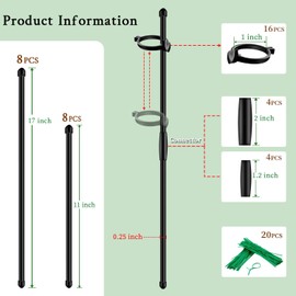 Plant Stakes 17inch &11inch SupKing Adjustable Length Plant Support Stake 16Pcs Black Orchid Stick with Clips for Indoor Outdoor,Garden Pole for Potted Tomato Amaryllis Vegetables with 20 Ties