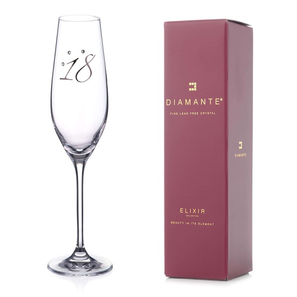 DIAMANTE Swarovski "18th Birthday" Champagne Flute – Single Crystal Champagne Glass with Platinum 18 Embossed and Swarovski Crystals – Gift Boxed