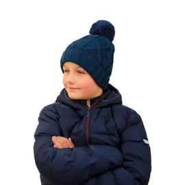 Entire Empire Fleece Lined Hat Boys Navy - Boy's Bobble Beanie Warm Winter Woolly Hats with Pom pom Lining - for Kids Kid's Children Children's Age 5 6 7 8 9 10 11 Years Old Woollen Woolen Wooly