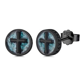 Midir&Etain Cross Stud Earrings for Men Women 925 Sterling Silver Turquoise Black Cross Earrings Viking Jewellery Fathers Day Birthday Gifts for Christian Boy