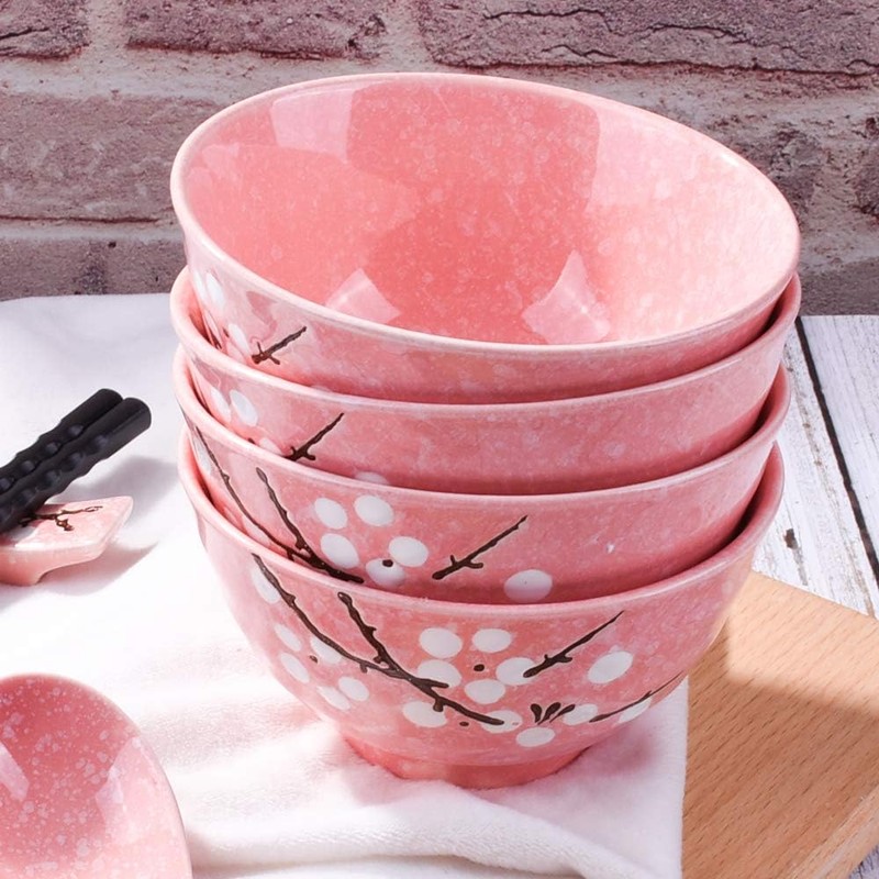 Fignner Japanese Style Ceramic Rice Bowls, Pink Cherry Blossom Design,