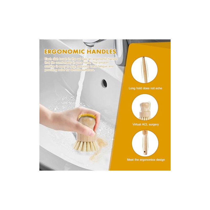 DEBETOOL 6-Piece Bamboo Dish Brush Set with Coconut Sponge |