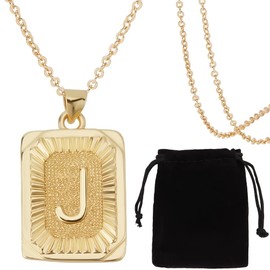 Beebeecraft 1 Box 1Pc Initial Letters Square Necklaces 18K Gold Plated Brass Alphabet J Necklaces with Rectangle Velvet Pouches for Men Women