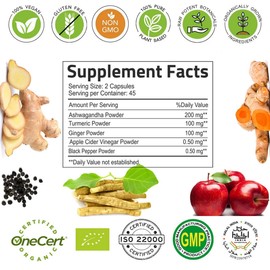 Hebhac Herbs Ashwagandha Capsules 90 Capsules 1000mg with Turmeric, Ginger, Apple Cider Vinegar and Black Pepper Extract | GMO Free, Gluten Free, Vegan | 45 Days Supply.
