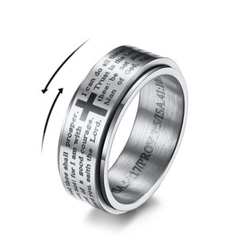 Inspirational Bible Verses Christian Jesus Christ Lord Prayer Stress Relief Spinner Fidget Ring for Men Women Anxiety Finger Rotate Freely Stainless Steel Birthday Valentine's Day Gifts (Silver, 10)