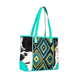 Myra Bag Tote Bag for Women - Western Upcycled Canvas Hairon and Leather Shoulder Bag Turquoise, S-8900