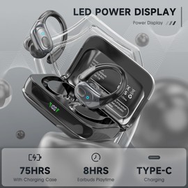 Sajawass Wireless Earbuds Bluetooth 5.3, 75Hrs Playtime IP7 Waterproof Sports Headphones, Secure Fit Ear Hooks with LED Display, ENC Mic for Running/Gym, Compatible iOS/Android