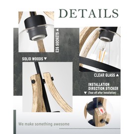 HANASS Pendant Light Fixtures, Farmhouse Wood and Glass Pendant Lighting for Kitchen Island, Rustic Pendant Lights, Height Adjustable, MD89437