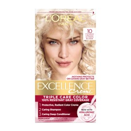 L'Oreal Paris Excellence Crème Permanent Hair Dye, Triple Care Hair Color with Hyaluronic Acid for 100% Gray Coverage, 10 Lightest Ultimate Blonde, 1 Kit (Packaging May Vary)