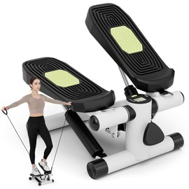 GYMAX Steppers for Exercise at Home, Hydraulic Mini Stair Stepper with Resistance Bands & LCD Monitor, Portable Under Desk Cardio Equipment Step Machine for Home Gym (White)