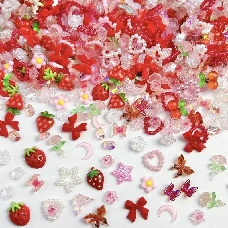 FINGCRO 110pcs 3D Pink Red Strawberry Flower Nail Charms Cherry