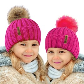 TOSKATOK® Kids Girls Winter Beanie Bobble Hat with Detachable Changeable Faux Fur Pom Pom-Cerise