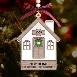 Christmas Ornament Decorations 2025 - New Home Ornament 2025 - House Warming Gifts New Home - New House New Beginning - Wooden Home Ornament 2025