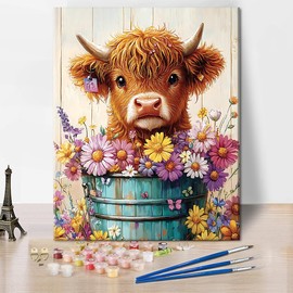 TISHIRON Highland Cow Paint by Numbers for Adults, Animal Paint by Numbers Kit for Adults, Oil Hand Painting Drawing Flower, Acrylic Paint by Numbers Kits on Canvas 40 x 50 cm (Frameless)