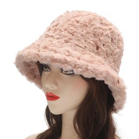 ZLYC Women's Winter Faux Fur Fishing Hat Knitted Bucket Hat, Fluffy Pink