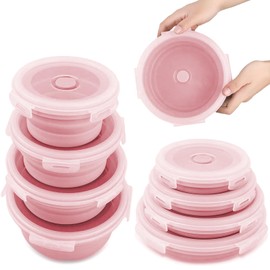 xinhangrui 4Pcs Collapsible Silicone Food Storage Containers, Foldable Lunch Containers with Airtight Plastic Lids Collapsible Round Bowls, Freezer Dishwasher Safe, BPA Free(Pin, Round)
