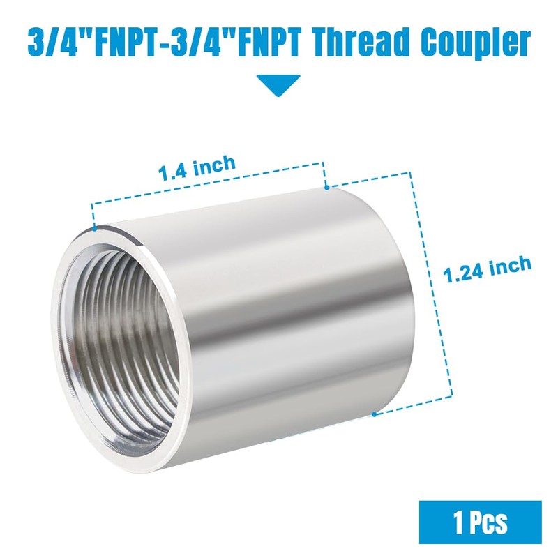 Quickun 304 Stainless Steel Pipe Coupling Fitting, 3/4" x 3/4"