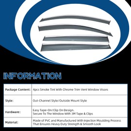 LLPTA Window Visors Compatible with 11-15 Optima 4pcs Smoke Tint with Chrome Trim Outside Mount Tape On/Clip On Style PVC Sun Rain Guard Vent