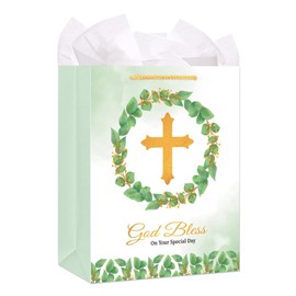 FLYAB First Communion Gifts Bags for Girls Boys 11.5" Gold Cross Gift Bag with Tissue Paper Baptism Gift Bag with Handle for Christenings Confirmations Easter Weddings Gifts