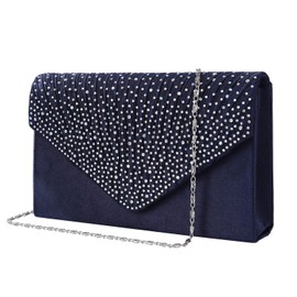 MaoXinTek Satin Pochette Mariage Soirée Sac à Main Bandouliere pour Femme pour Fête Cocktail Mariage Cadeau, Élégant Enveloppe Bourse Chaine Diamant Pour Dame Fille, darkblue