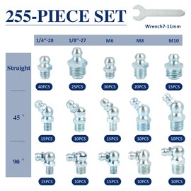 BUYGOO 255Pcs Grease Fittings Kit, SAE & Metric Grease Zerk Fittings 1/4" 1/8" M6 M8 M10 Straight 45 90 Degree with Wrench Kit(7-11mm) for Grease Gun,Fit Tractor Vehicle Excavator Trailer Equipment