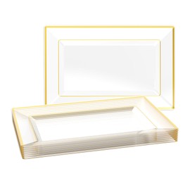 FOCUSLINE 8 PCS Plastic Serving Trays for Party, Clear and Gold Rim Serving Platters and Trays, Premium Plastic Fruit Tray, Disposable Platters and Party Trays for Cookie, Cupcake, Dessert, Appetizers