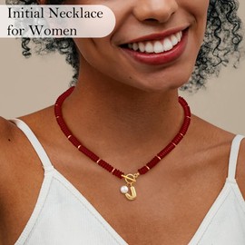 S Necklace, Beaded Necklaces for Women Red Agate Initial Necklaces for Women Teen Stocking Stuffers Sister Girlfriend Christmas Gifts Beach Summer Jewelry for Her