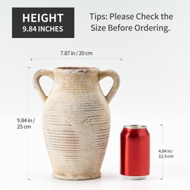 Vaseking Large Ceramic Rustic Vase with 2 Handles, 9.8 inch Whitewashed Terra Cotta Vase, Decorative Pottery Flower Vase for Home Decor, Living Room, Shelf Decor, Enterway, Table Decoration, Gray