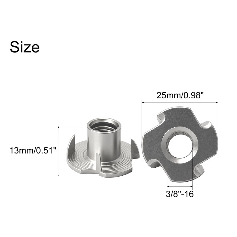 NACX 3/8"-16 T-Nuts, 304 Stainless Steel Tee Nut, 4 Prong
