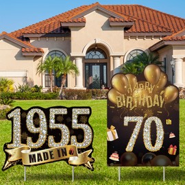 2pcs Birthday Yard Signs,70th Birthday Decorations for Men Women Black Gold Happy 70 Birthday Sign Made in 1955 Lawn Party Supplies With Stakes Weatherproof Outdoor Seventy Years Old Birthday Decor