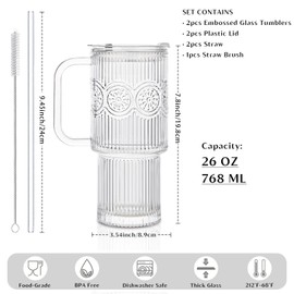 INSETLAN 26oz Ribbed & Floral Glass Tumblers with Handle and Lid, Set of 2 –Reusable Iced Coffee Cups with Straw, Glass Mugs for Water, Smoothies, Tea, and Juice – Ideal for Travel & Daily Use