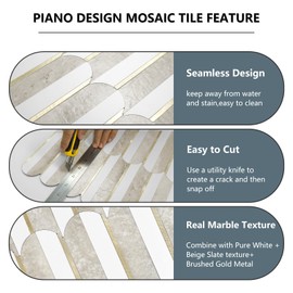 Vamos Peel and Stick Backsplash Seamless Tile for Kitchen and Bathroom,White and Beige Slate PVC Mixed Light Gold Self Adhesive Fish Scale Metal Mosaic Tiles (10 Sheets)