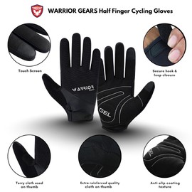 warrior gears Full Finger Winter Cycling Gloves – Lightweight, Water-Resistant Gloves – Windproof for Men Women, Touchscreen, Anti-Slip Grip & Breathable, Gel-Padded Bicycle Gloves (Black, S)