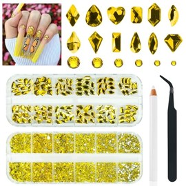 qiipii 2630Pcs Golden Yellow Nail Rhinestones 120 Multi Shapes Crystal Flatback Gems +2510 Round Beads Glass Stones Diamonds Jewels w Tweezer & Wax Pen for DIY Face Eye Mackup Clothes Shoes
