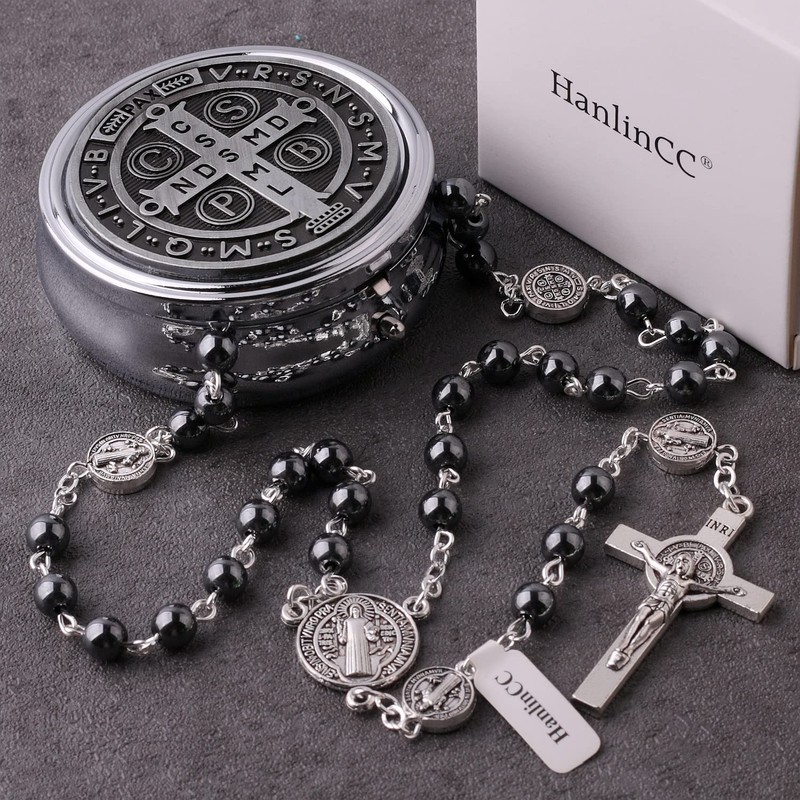 HanlinCC 6mm Hematite Stone Black Beads Catholic Saint Benedict Rosary