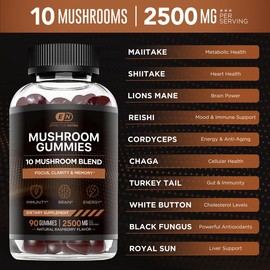 Effective Nutra Mushroom Gummies - 10 Mushroom Blend with Lions Mane, Reishi, Chaga, Cordyceps & More