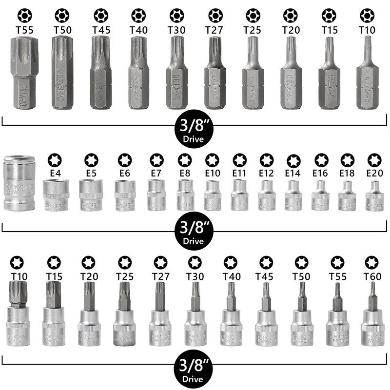 Drive Male Female Torx Star Bit Socket E-Socket Set Handheld