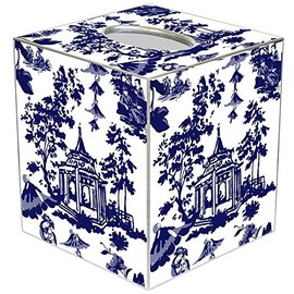 Marye-Kelley Chinoiserie Pagoda Blue Paper Mache Oriental Home Décor Handmade Tissue Box Cover