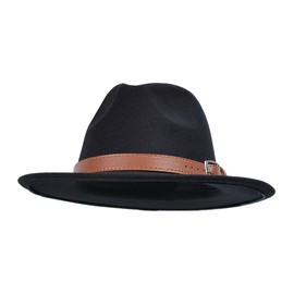 ASTRQLE Women Men Wide Brim Fedora Hat Felt Panama Hat Cap with Belt Buckle(Black)