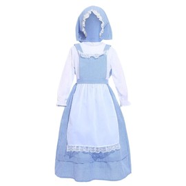 Lito Angels Medieval Colonial Pioneer Gingham Dress Costume Fancy Dress with Apron and Hood for Children Girls Size 6-8 Years 122 128 Blue (Tag Number 0S)