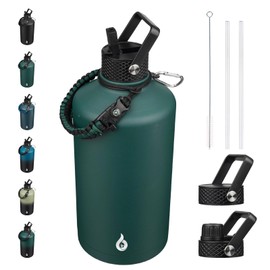 BJPKPK 1 Gallon Water Bottle with Straw Lid, 50oz, 64oz, 87oz, 128oz Large, Stainless Steel Water Bottles with 3 Lids and Paracord Handle, Double Wall Vacuum Metal Water Jug, Army Green