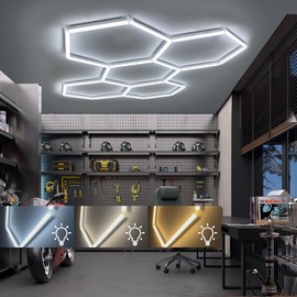 cezelux Hexagon LED Lights: 3 Colors 3000K 4000k 6500K 5 Honeycomb Hexagon Garage Lights Super Bright Car Detailing Ceiling LED Shop Light for Warehouse Workshop Gym Basement (5 hex 3 Colors)