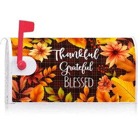 Texupday Thankful Grateful Blessed Floral Leaves Decoration Mailbox Cover with Magnetic Strip Autumn Harvest Mailbox Wraps Post Letter Box Cover Standard Size 21" X 18" Garden Farm Outdoor Yard Decor