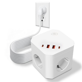 4-Way USB Multiple Socket with Switch - Socket Cube & 2 Types USB Ports for Office/Household, 1.8 Metres