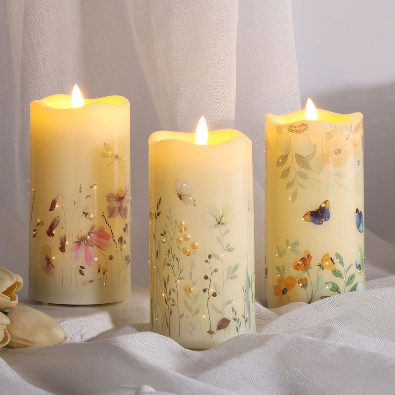 Eywamage Fiber Optic Flameless Pillar Candles with Remote Set of